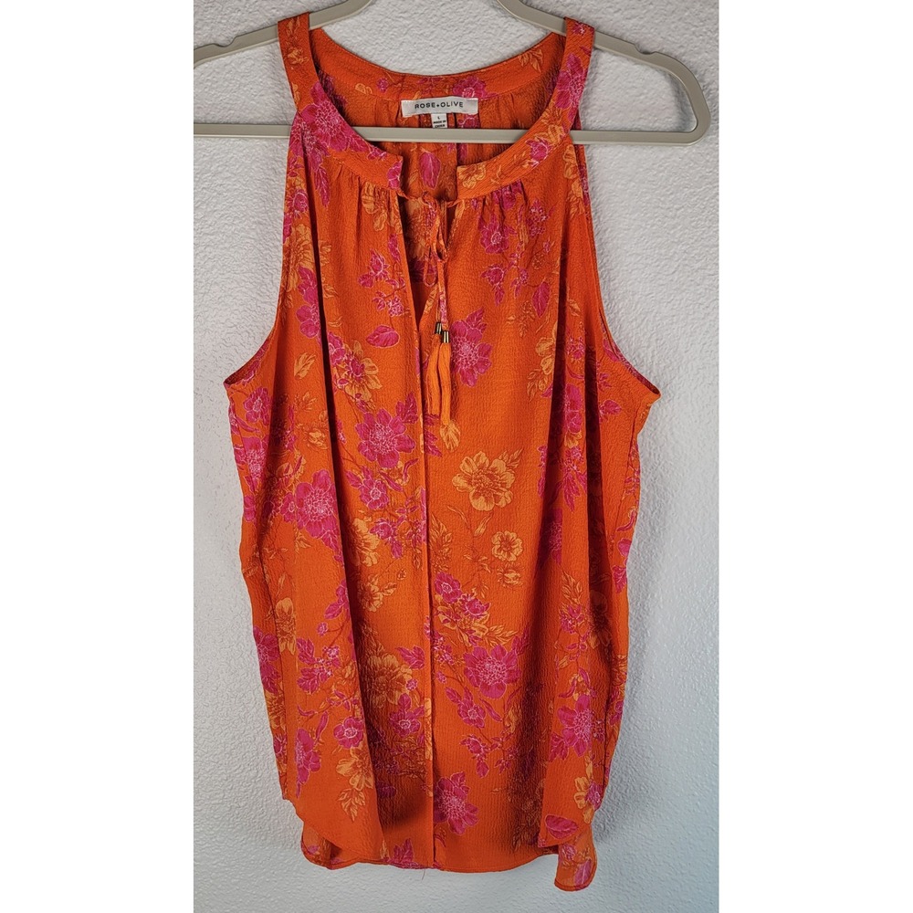 Rose + Olive Orange Pink Floral Sleeveless Halter Blouse Tassel Tie Large